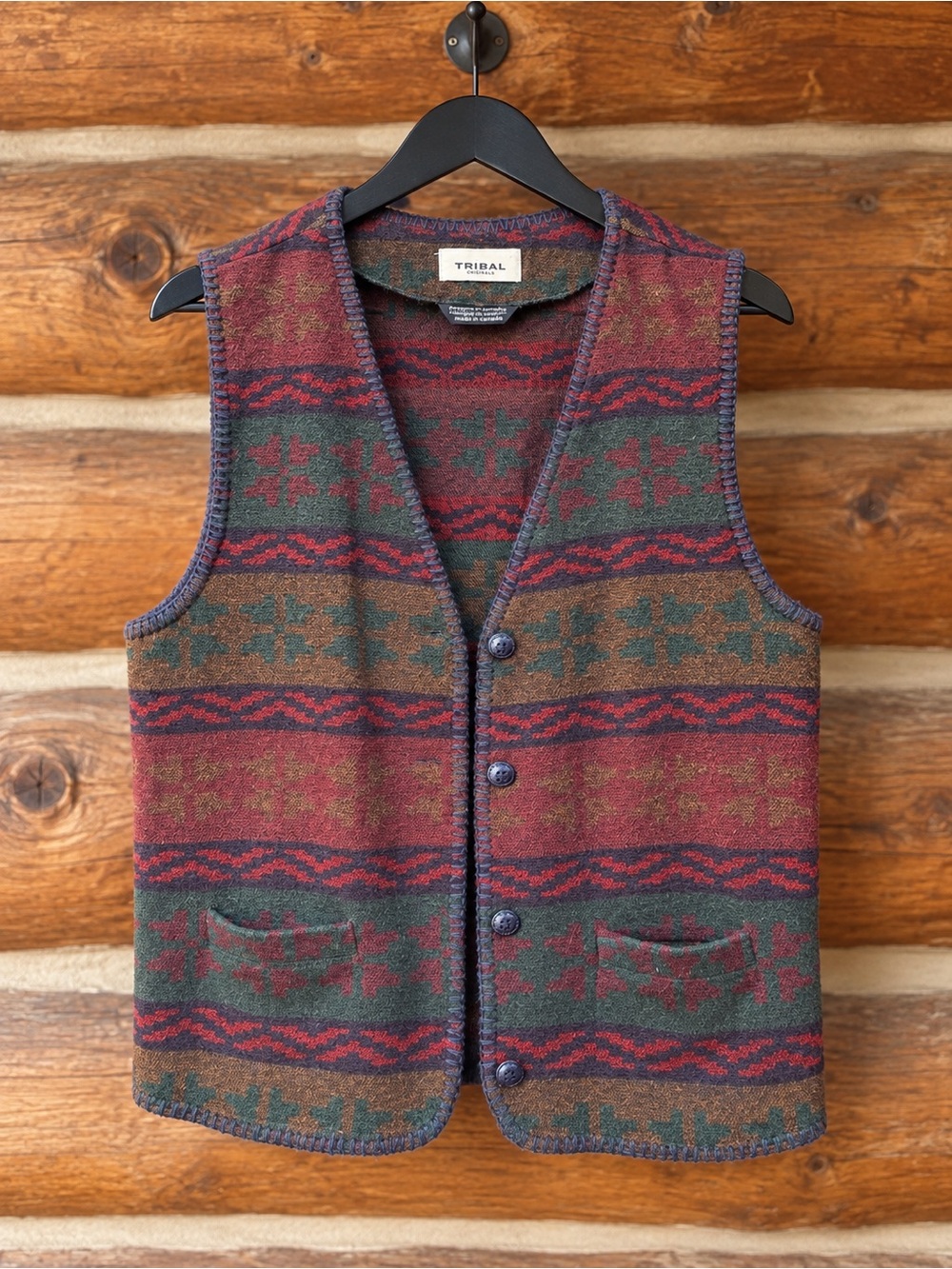 Tribal Burgundy and Green Patterned Knit Vest